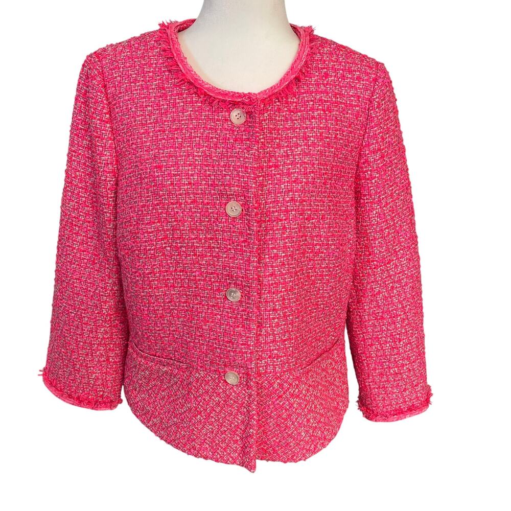 Talbots Hot Pink Tweed Blazer Peplum Frings Size 14 Barbiecore Preppy